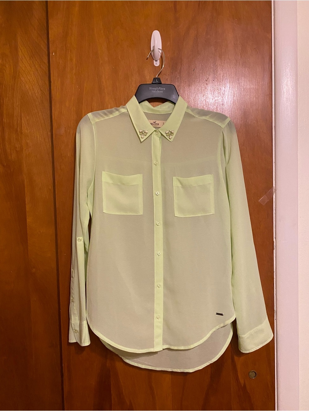 Hollister Light Green Semi-Sheer Button Down Shirt with Embellished Collar